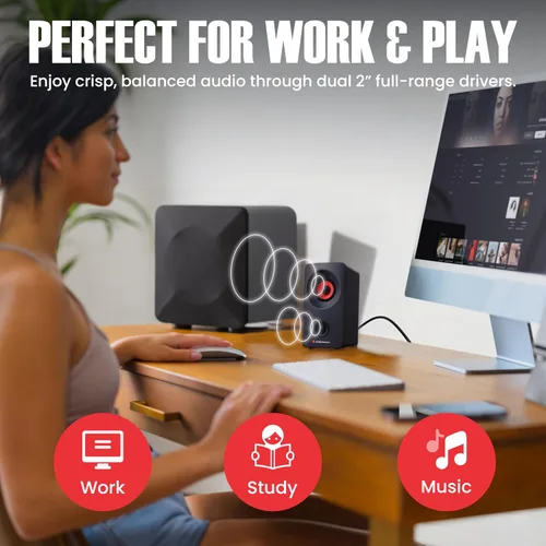 Vista 8 de Audiosource Altavoces de escritorio para PC con Bluetooth 5.3, USB-C Plug & Play, altavoces de computadora estéreo 2.0 con controladores duales