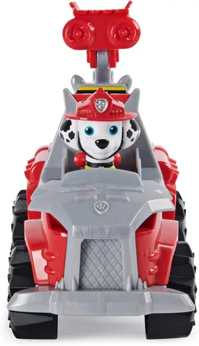 Vista 4 de PAW Patrol, Dino Rescue Marshall's Deluxe Rev Up Vehículo con figura de dinosaurio misterioso