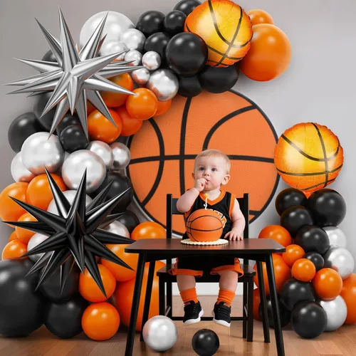 Vista 5 de Kit de guirnalda de arco de globos de baloncesto, 97 piezas de 18, 10, 5 pulgadas, globos de baloncesto negros y naranjas con globos de aluminio