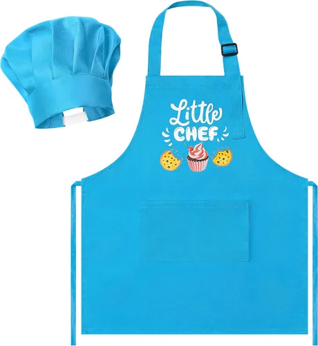 Vista 30 de R HORSE Juego de delantal y sombrero de chef para niños, 2 piezas, mini parrilla ajustable, delantal de cocina para niños, juego de rol, juguete