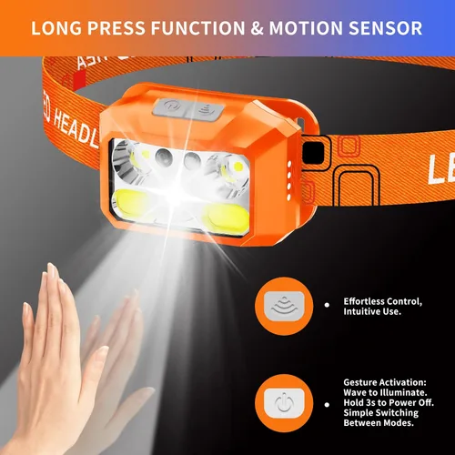 Vista 8 de Linterna frontal LED recargable, 800 lúmenes con luz roja y blanca, 8 modos, sensor de movimiento, carga USB-C, IPX4 impermeable (1, naranja)