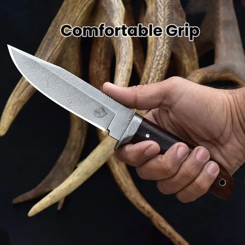 Vista 6 de Knives Ranch Cuchillo de Caza Artesanal de 9-1/2"- Cuchillo de Bushcraft y Campamento de Acero Damasco con Espiga Completa- Mango de Palisandro