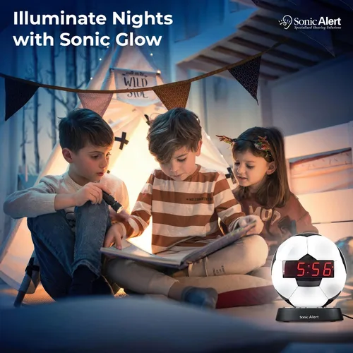 Vista 7 de Sonic Alert Reloj despertador con balón de fútbol con luz nocturna brillante, batería de reserva y atenuador de rango completo, reloj despertador