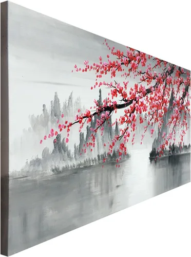 Vista 3 de Pintura tradicional china pintada a mano en lienzo de flor de ciruelo, arte de pared, pintura al óleo moderna de paisaje en blanco y negro para sala
