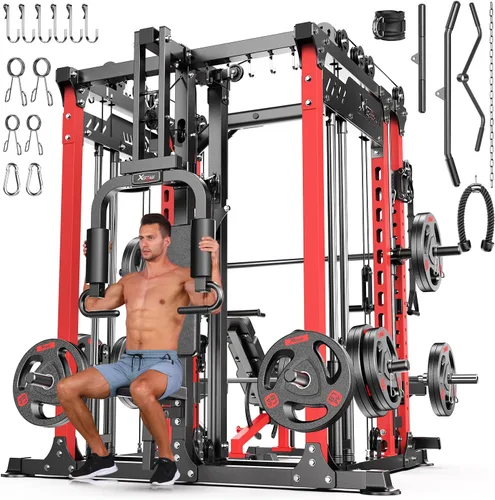 Vista 19 de XGSW Smith Machine Gimnasio en casa, jaula de potencia multifunción con sistema cruzado de cable de polea doble, estante para sentadillas para L06