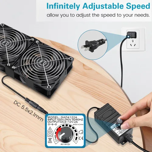 Vista 3 de GDSTIME 2X 4.724 in Ventilador de computadora con enchufe de CA Control de velocidad 110V-240V alimentado 240mm, Powerful Airlow, Dual Ball, for