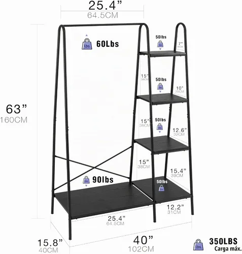 Vista 3 de Finnhomy Rustic Clothes Rack, Clothing Rack for Hanging Clothes Heavy Duty Garment Rack with 5 Wood Shelves Freestanding Portable Closet Organizer