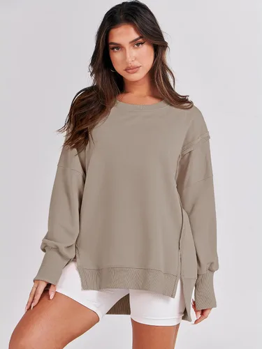 Vista 2 de ANRABESS Sudadera de gran tamaño para mujer, cuello redondo, manga larga, casual, con abertura, sin botones, ropa de otoño
