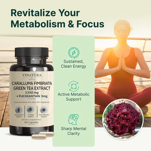Vista 3 de VINATURA Caralluma Fimbriata, EGCG 45% Extracto 1250mg + Fucoxantina 3mg por porción, para apoyo inmunológico, energía y enfoque mental - 60
