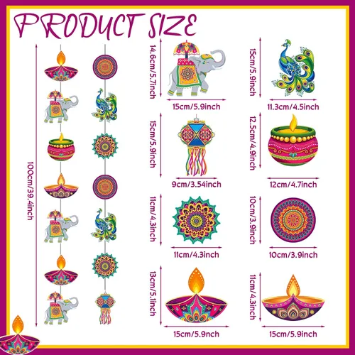 Vista 2 de Ceenna 8 piezas de decoración colgante Happy Diwali suministros de decoración india festival de luces colgante banner de sutura Deepavali papel