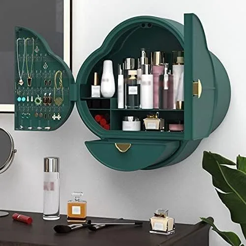 Vista 2 de Organizador de maquillaje, caja de almacenamiento de cosméticos, montada en la pared, sin perforaciones, gran capacidad, lápiz labial, productos