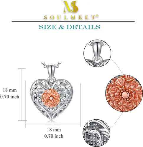Vista 5 de SOULMEET Collar con medallón de girasol, rosa y margarita, con forma de corazón que sostiene fotos y mantiene a alguien cerca de ti, plata