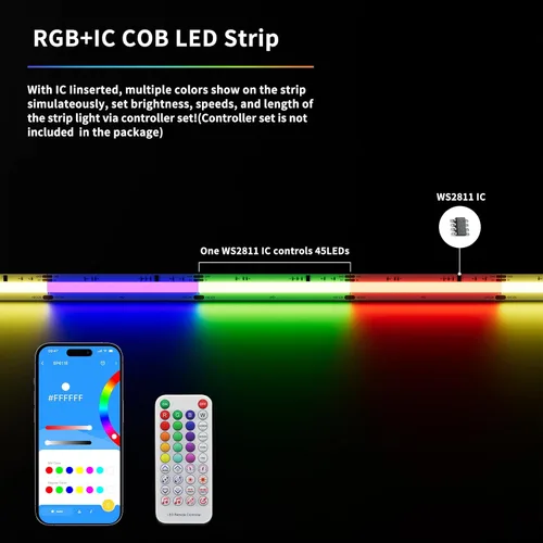 Vista 3 de Tira LED COB con chip IC RGB WS2811 de 18 pies, DC12V persecución de color direccionable Pixel RGB luces de cinta LED, luces flexibles multicolor