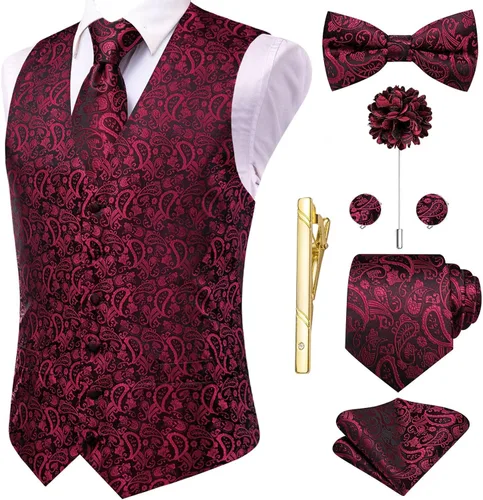 Vista 27 de Hi-Tie Chaleco de traje de seda para hombre, corbata y corbatín de solapa, clip de corbata dorado, chaleco floral de cachemira, 8 piezas, conjunto