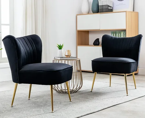 Vista 8 de Shunzhi Juego de 2 sillas decorativas de terciopelo negro con patas doradas, sillas laterales tapizadas modernas de mediados de siglo