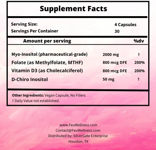 Vista 2 de FEU Harmony+ Myo & D-Chiro Inositol Suplemento para mujeres – 2000 mg de mio-inositol + 50 mg de D-Chiro inositol (proporción 40:1) con metilfolato