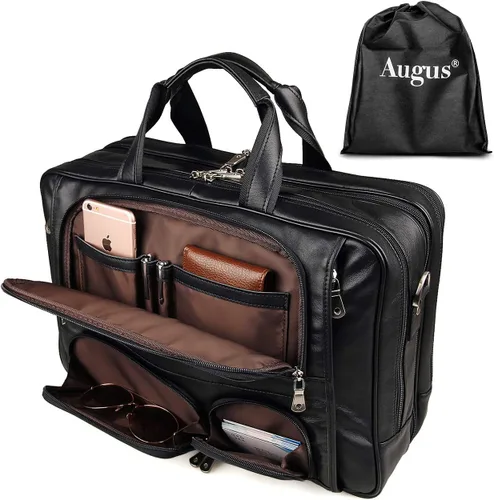 Vista 7 de Augus Maletín de viaje de negocios de cuero genuino bolsas de lona para hombres bolsa de portátil se adapta a 15.6 pulgadas portátil