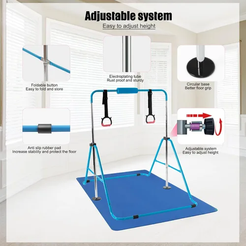 Vista 6 de YEEGO DIRECT Barra de gimnasia con anillos, barra de gimnasia plegable para niños de 3 a 12 años, expandible para entrenamiento en casa, regalos