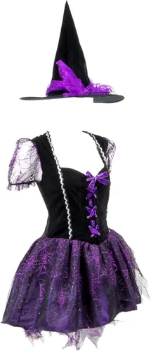 Vista 3 de Wicked Witch - Disfraz de Halloween para mujer, vestido de mago femenino, sombrero, Multicolor