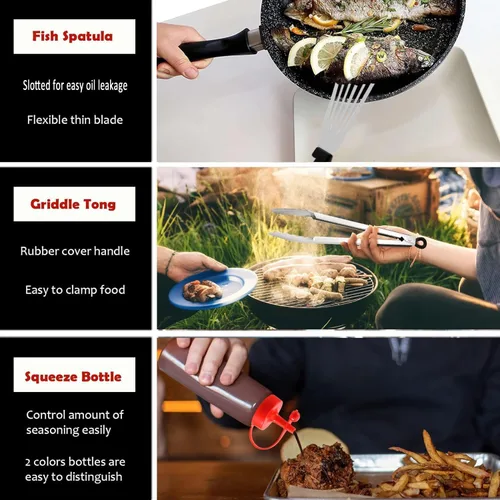 Vista 5 de HaSteeL - Juego de 20 accesorios para parrilla, juego de espátulas de metal resistente, herramientas Teppanyaki de acero inoxidable para parte
