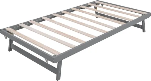Vista 7 de Merax Cama de plataforma de madera de tamaño matrimonial con nido y cabecera ajustables, base de colchón/fácil montaje/soporte de listones de madera
