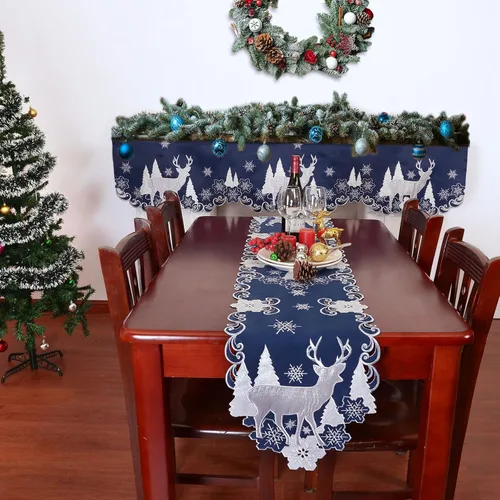 Vista 5 de Camino de mesa bordado azul marino para Navidad y reno (13 x 69 pulgadas)