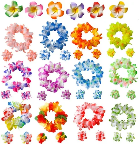 Vista 3 de 50 piezas suaves hawaianas Leis Luau decoraciones de fiesta tropicales regalos de fiesta Lei Hawaiian Flower Clip para el pelo, diademas y pulseras