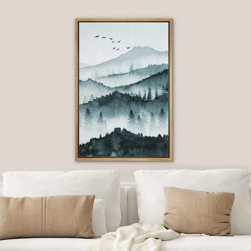 Vista 3 de SIGNWIN Lienzo enmarcado para pared, decoración de guardería de bosques, pájaros voladores, acuarela, montaña, bosque, naturaleza, arte moderno