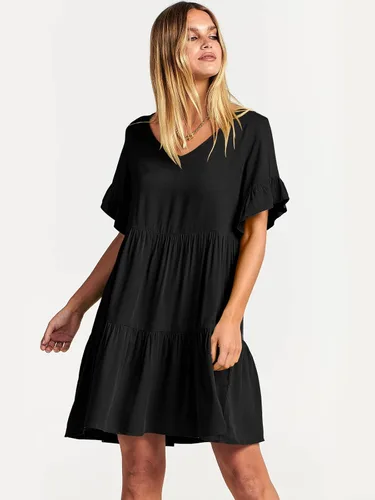 Vista 7 de ANRABESS Vestido de verano casual con cuello en V para mujer, vestido babydoll de manga corta con volantes y escalonado, mini vestido de playa