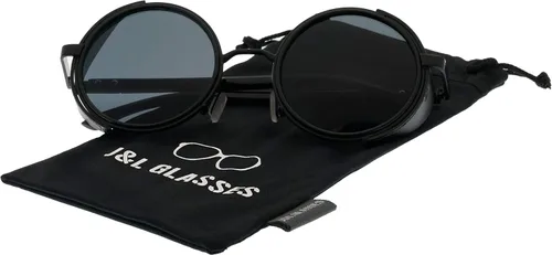 Vista 5 de J&L Gafas Steampunk Retro Redondo Metal Escudo Lateral Marco Gafas de Sol