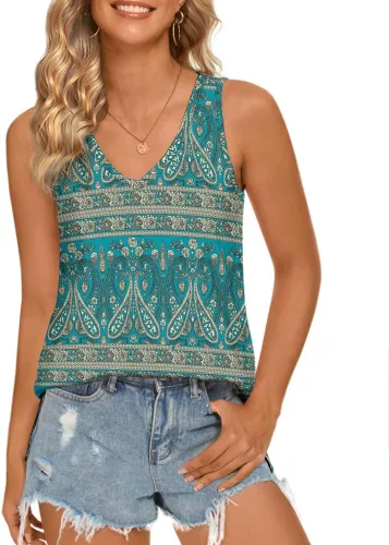Vista 2 de LONGYUAN - Camisetas sin mangas de verano para mujer con diseño casual y holgado, blusa tipo túnica con cuello en V y aberturas laterales
