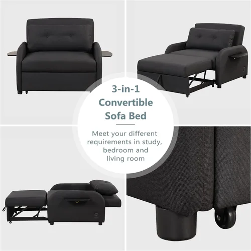 Vista 7 de Sofá cama extraíble 3 en 1, sofá cama convertible con 2 bolsillos laterales para mesa de ala y carga USB para tela de línea de siesta para sala