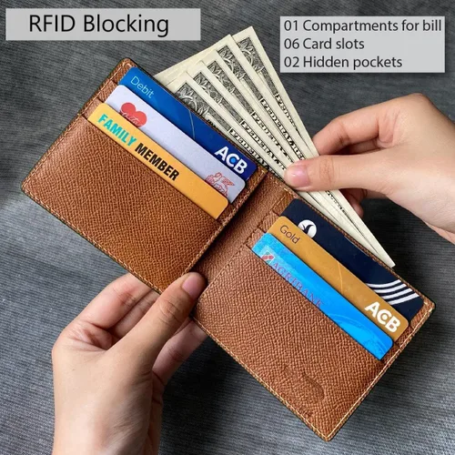 Vista 3 de HATA Cartera plegable de cocodrilo para hombre, hecha a mano para vientre o bocina con bloqueo RFID por vietnamita, Bifold- Black-Croc Belly-Hand