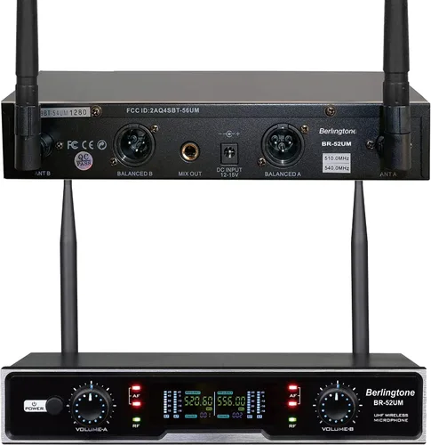 Vista 3 de Sistema de micrófono inalámbrico UHF dual dinámico profesional, micrófono y base de metal, para cantar, karaoke, iglesia, boda, reunión, alcance