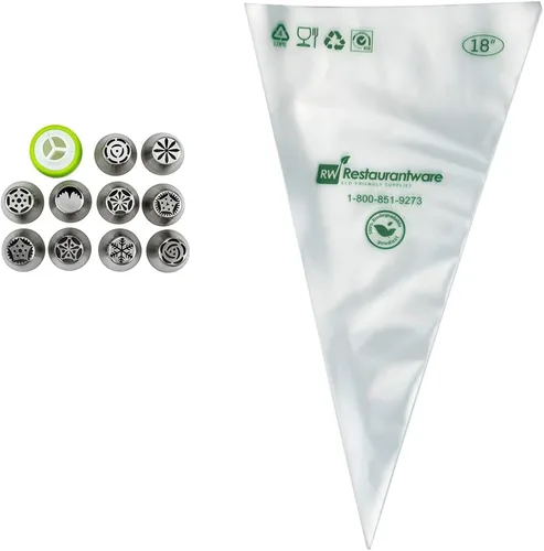 Vista 5 de Restaurantware Pastry Tek - Juego de 21 puntas de tuberías rusas duraderas para decoración de tartas, 10 puntas de tubería, 10 bolsas de tuberías