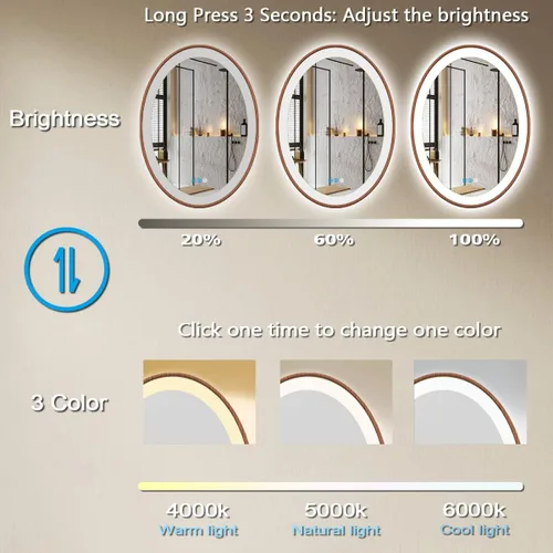 Vista 5 de Espejo de madera ovalado LED de 20 x 30 pulgadas con marco de madera clara, espejo de tocador iluminado ovalado con luces para baño, memoria 30 x 20