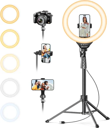 Vista 12 de UBeesize - Anillo de luz para selfie con trípode y soporte para teléfono celular para transmisión en vivo/maquillaje, mini luz LED para cámara