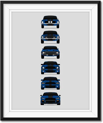 Vista 7 de Custom Car Posters Póster hecho a mano compatible con Shelby Mustang GT500 Generations e impresión de Ford Shelby GT500, azul con rayas blancas