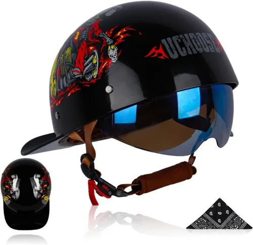 Vista 9 de Medio casco para motocicleta, gorra de béisbol retro, medios cascos con lente desplegable para adultos de calle, para hombres y mujeres