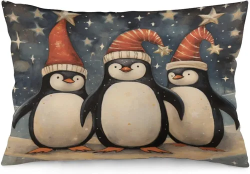 Vista 8 de Fundas de almohada con diseño de pingüinos de Navidad de 12 x 20 pulgadas, diseño de pingüinos en acuarela de Navidad, fundas de almohada