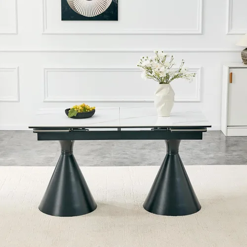 Vista 4 de Mesa de comedor extensible moderna para 4-8 personas, mesa de cocina de piedra sinterizada expandible con base de metal negro, ahorro de espacio