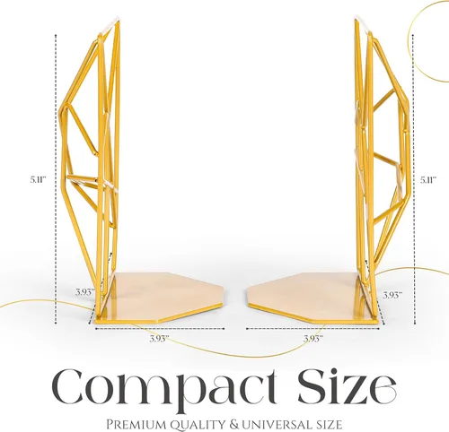 Vista 3 de Sujetalibros decorativos de metal dorado con diseño geométrico para estantes con acabado de recubrimiento en polvo, elegante soporte de escritorio