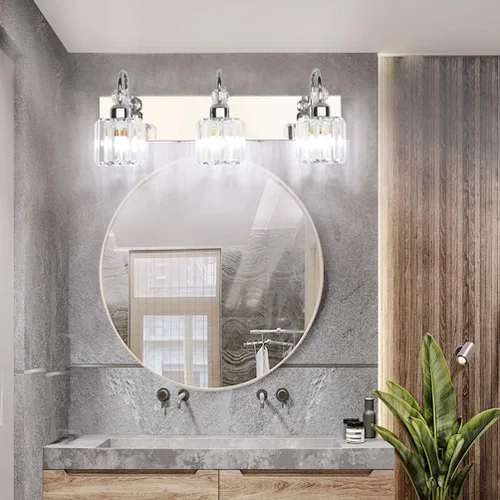 Vista 5 de Ralbay Modernas luces LED de cristal para tocador de baño, 3 luces de acero inoxidable, luces de tocador de cristal sobre el espejo, accesorios