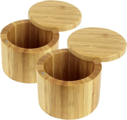 Vista 6 de Estilo Tazones de bambú prémium para sal y pimienta, recipientes de madera para especias con tapas giratorias magnéticas, perfectos para sal