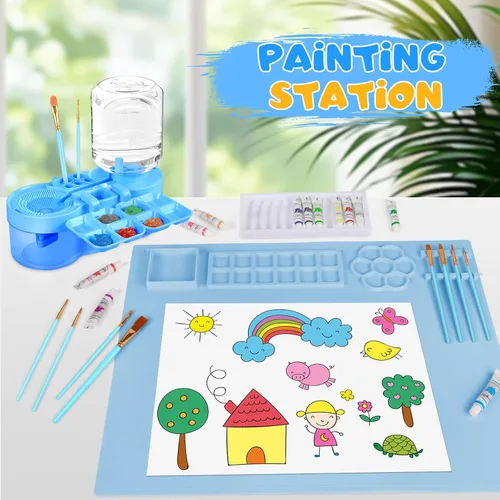 Vista 8 de Kits de pintura artística, estación de pintura, incluyendo limpiador de pinceles de pintura mejorado, tapete de pintura de silicona de 20 x 16 Azul