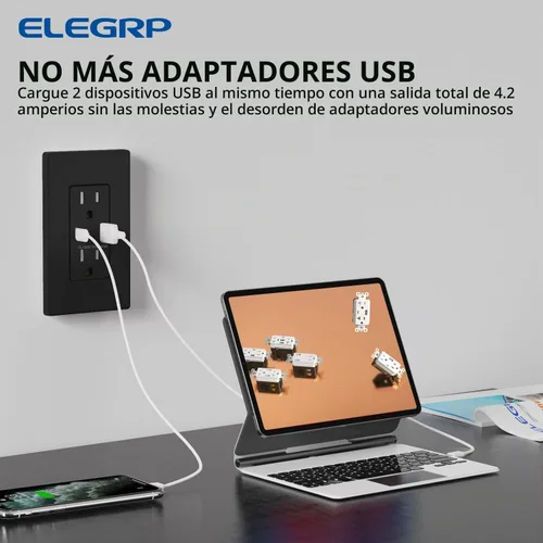Vista 8 de ELEGRP Cargador USB de pared, receptáculo USB con puertos USB tipo A y tipo C, enchufe dúplex de 15 amperios resistente a manipulaciones NEMA 5-15R