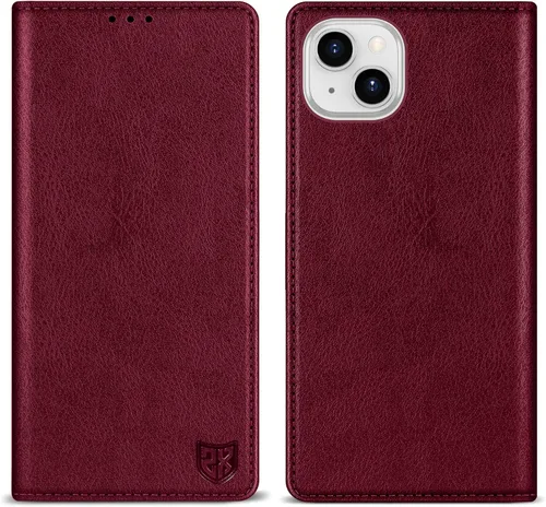 Vista 32 de ZZXX Funda tipo cartera para iPhone 14 con bloqueo RFID, soporte de ranura para tarjetas, funda protectora de cuero magnético fuerte plegable