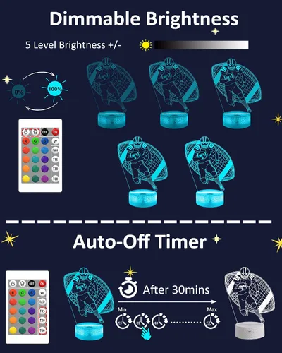 Vista 3 de Attivolife Luz nocturna de jugador de fútbol americano para niños, lámpara LED de ilusión de rugby 3D, 16 colores cambiantes con control remoto