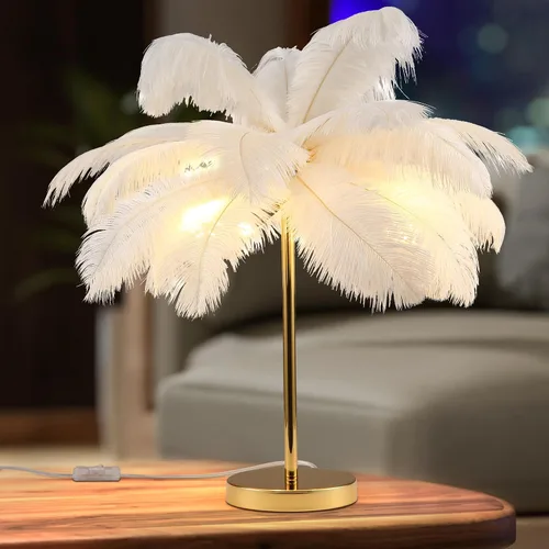 Vista 9 de MAYOLA Lámpara de mesa moderna de plumas de avestruz con cable enchufable, lámpara de pie de noche de 3 luces para sala de estar, dormitorio