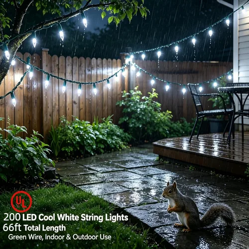 Vista 5 de 200 luces LED de Navidad blancas frías, certificación UL y luces comerciales de alambre verde de 66 pies, para interiores y exteriores, invierno